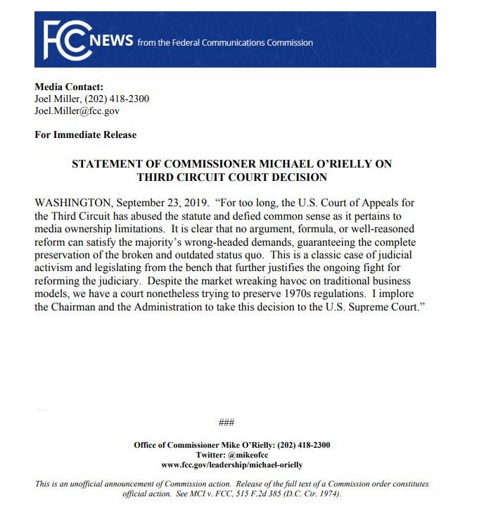 MPORielly's tweet image. My statement on the U.S. Court of Appeals for the Third Circuit decision pertaining to media ownership ⟶  docs.fcc.gov/public/attachm…
