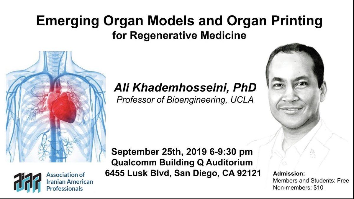 Dr. Ali Khademhosseini will be giving a talk entitled "Emerging Organ Models and Organ Printing for #Regenerative #Medicine" for the Association of Iranian American Professionals on 9/25! /jt/ #bioprinting #healthcare #science <a href="/khademh/">Ali Khademhosseini</a>