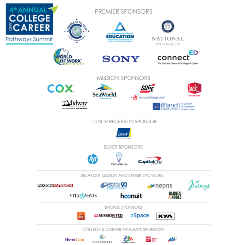 cffsd's tweet photo. THANK YOU again to all of our 4th Annual College & Career Pathways Summit #CCPS19 sponsors: @SanDiegoCOE @NatUniv @WorldOfWorkNet @SonyElectronics @ConnectEdOrg @SDGE 1/3 https://t.co/23xIaPrLnL