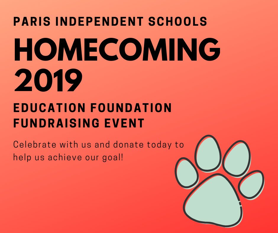 Celebrate Homecoming with our fundraising event! Our goal is to reach $11,000 to support mini-grants, early college credit programs, STEM and art programs and field trips. What can you do? #parispride 

DONATE TODAY ➡️ 
bgcf.givingfuel.com/paris-independ…