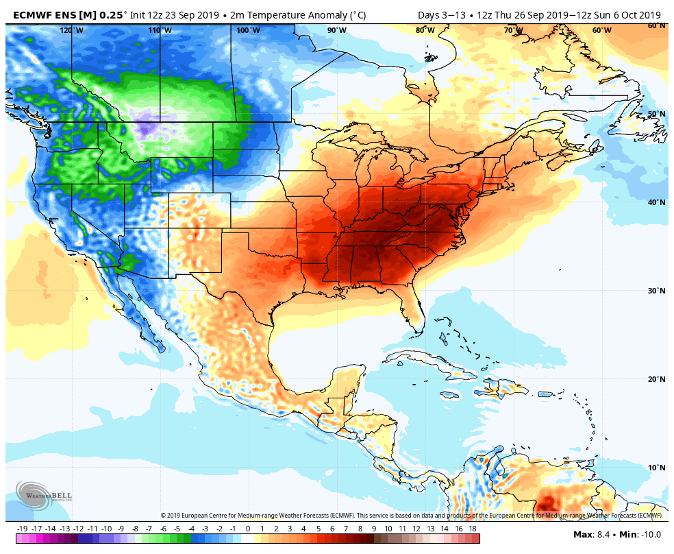 AnthonyFarnell's tweet photo. Cold in the west, warm in the east and lots of rain in the middle. Looks like a lock for at least the next couple weeks. #FirstDayofFall https://t.co/fRQe6KA7tv