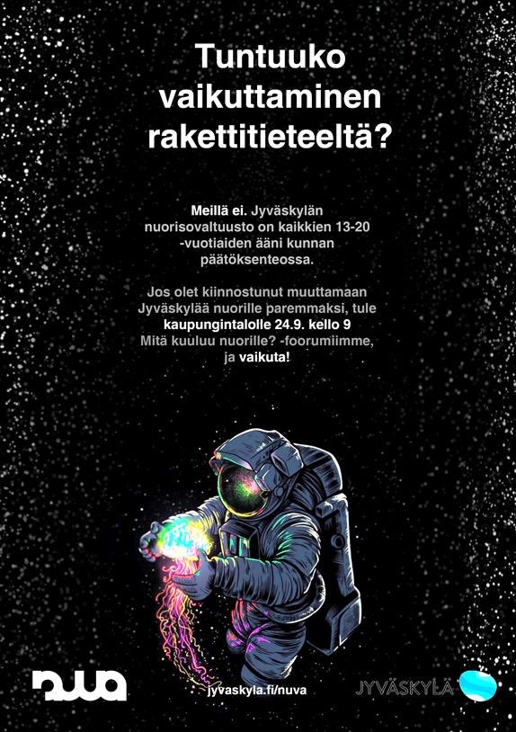 jkl_nuva's tweet photo. Huomenna 24.9. on Nuvan huippis! Ensin on virkamiehiä sisältävä foorumi ja myöhemmin valitsemme vapailta paikoilta uudelle kaudelle edustajia. Saavu siis kaupungintalolle! https://t.co/H8uZFrwryM