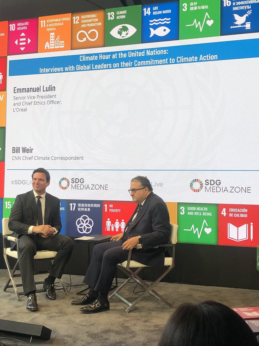 LizaPluto's tweet image. CNN Chief Climate Correspondent @BillWeirCNN speaks to Emmanuel Lulin, Chief Ethics Officer - L’Oréal at the #SDGMediaZone #SDGLive