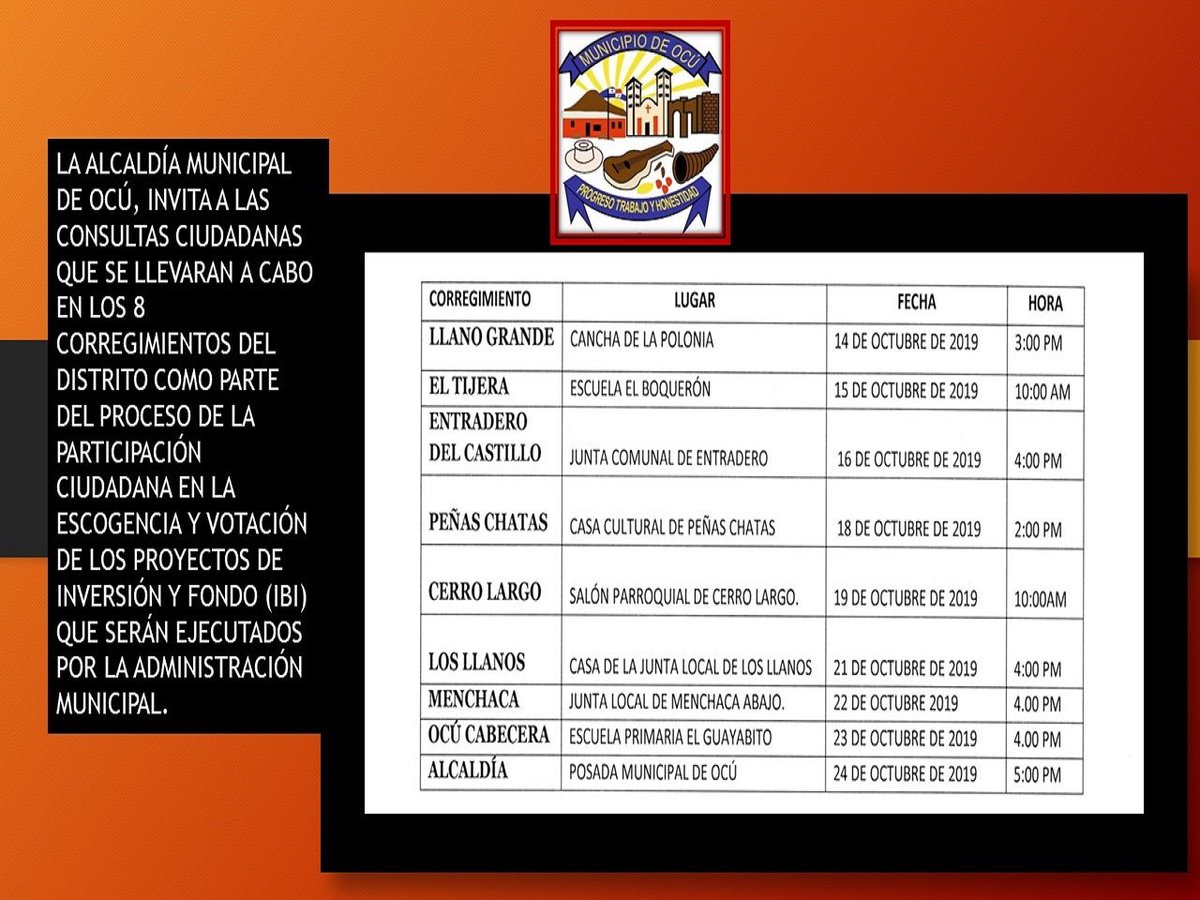 de_ocu's tweet photo. FECHAS DE LAS PRÓXIMAS CONSULTAS CIUDADANAS, DE TODOS LOS CORREGIMIENTOS DEL DISTRITO DE OCÚ https://t.co/bxphCVROF9