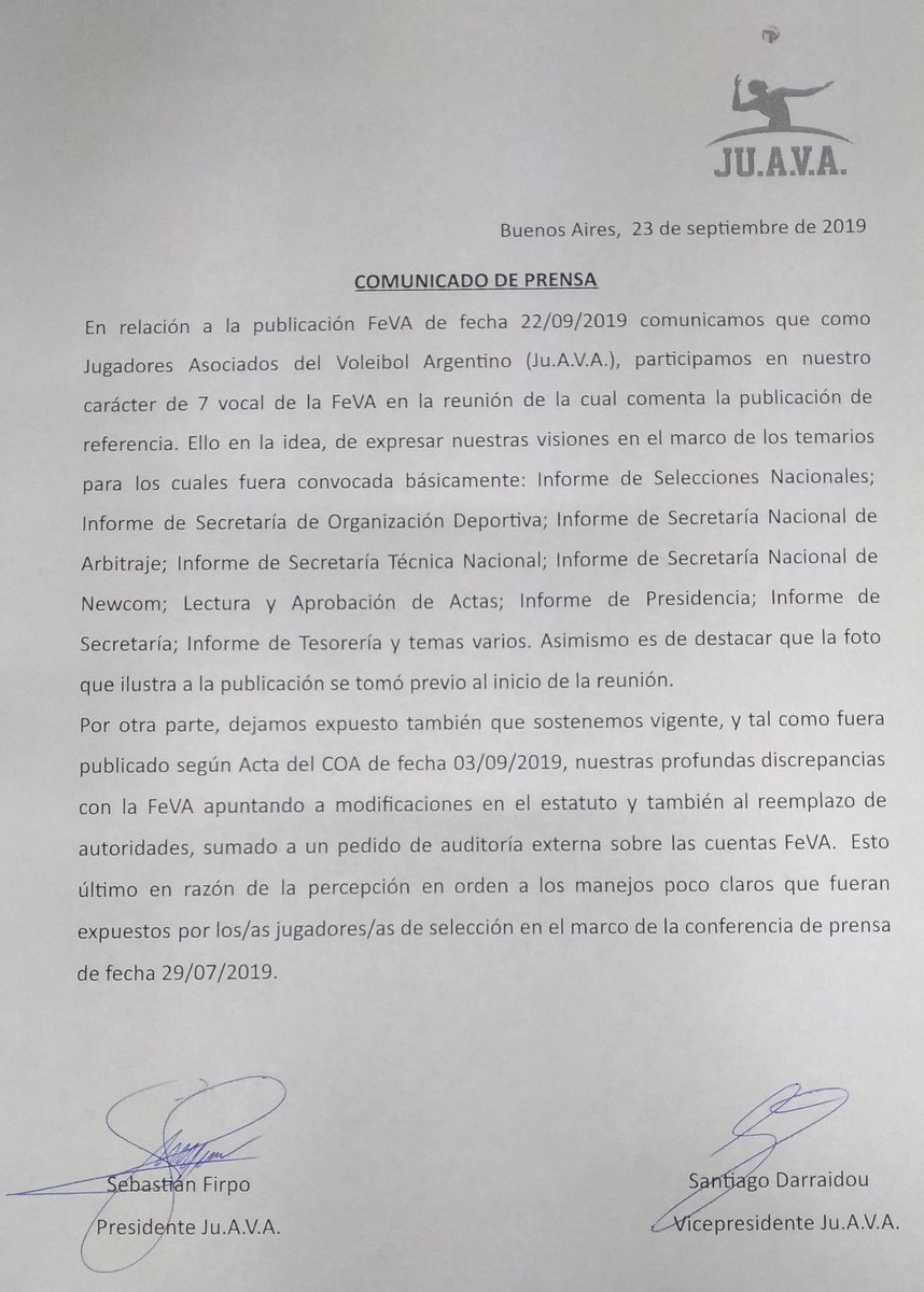 Comunicado de prensa en referencia a la publicación por parte de Fe.V.A. del 22 de septiembre de 2019.
