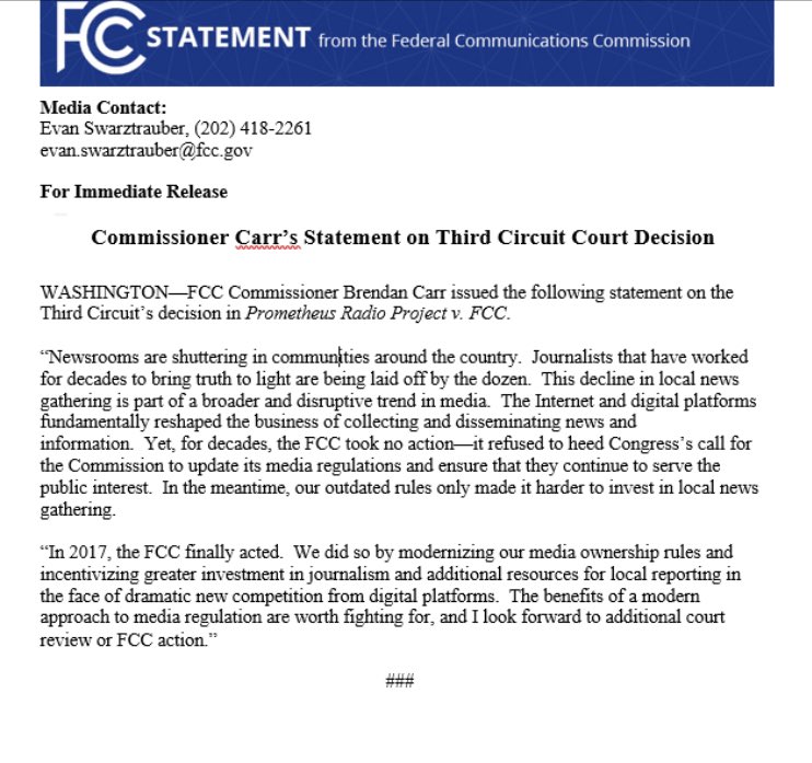BrendanCarrFCC's tweet image. Newsrooms are shuttering around the country. They’re facing disruptive competition from online platforms. Yet for years, the FCC refused to update its rules for the Internet era.

Glad we acted in 2017 &amp;amp; those reforms are worth fighting for, whether at FCC or further court review