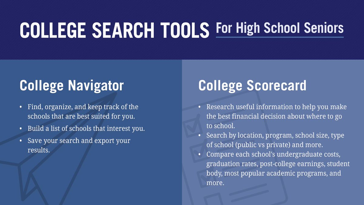 FAFSA's tweet image. Whether you’re a high school senior looking into college, or a parent getting ahead of the game, the college process can be daunting. 🙇‍♀️ Use these tools to get you through it ⬇️
College Navigator: bit.ly/2mEutZx
College Scorecard: bit.ly/2mb1bBw
