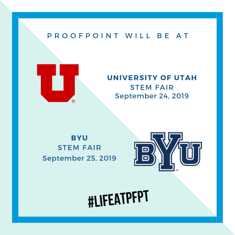 Proofpoint_UR's tweet photo. Our #Utah hiring managers will be at the @UUtah and @BYU Fall #STEM Fairs this week! We are looking forward to connecting with eager students looking to gain experience at our growing #cybersecurity company! #LifeAtPFPT #ProofpointIsHiring #Internship #NewCollegeGrad https://t.co/Xn8bIRX8oN
