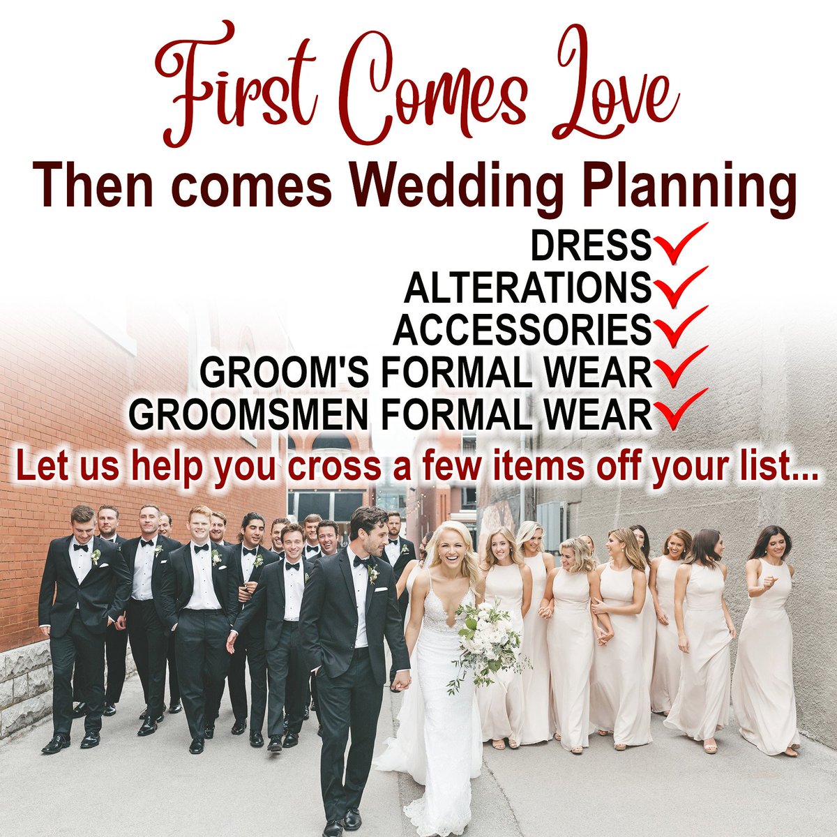 Save by getting it all in one place.  We can help you check off your to do list!  Make it memorable.  Make it Malmrose <3
#malmrosebridal #mensformalwear #bridalgowns #saveonyourwedding #weddingchecklist #groomsmen #tuxedo #suitrental #custommadesuits #designerweddinggowns