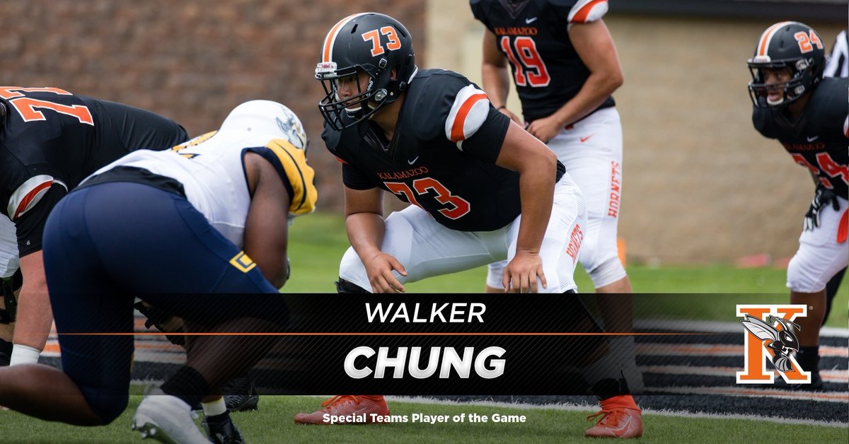 KzooFootball's tweet photo. Congratulations to our Players of the Game for week #3 vs Lakeland University! #SwarmTheDay #POG
Defense - #40 Taylor Jackson (@Taylor_J42)
Offense - #88 Bubba Wilson (@BubbaWilson5)
Special Teams - #73 Walker Chung https://t.co/H4RDhWm06m