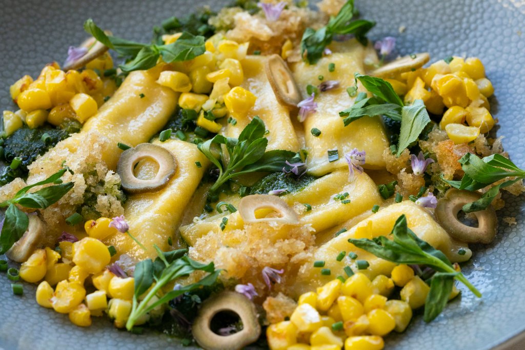 Getting up close &amp; personal with our signature dish - Sweet Corn Agnolotti with fresh ricotta, tarragon, chives, pickled green almonds, olive oil bread crumbs and basil pistou #PastaFavorites #SantuariLA #AMustHave