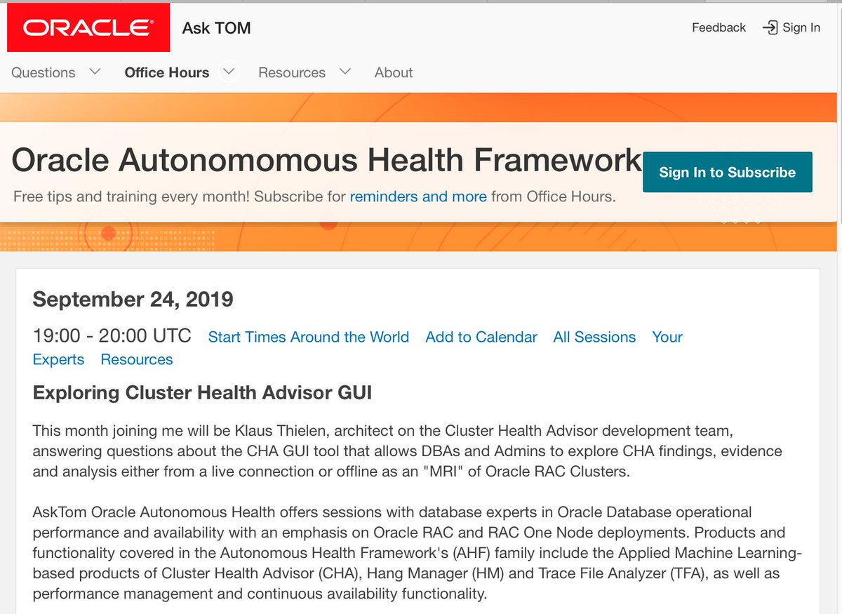 Tomorrow, join us as Klaus Thielen, architect on the Cluster Health Advisor development team, answers questions about the CHA GUI tool that gives DBAs an "MRI" of #OracleRAC for analysis. Tune in Tuesday, 9/24 at 12pm PST at asktom.oracle.com/pls/apex/askto…. #AIOps #OracleRAC
