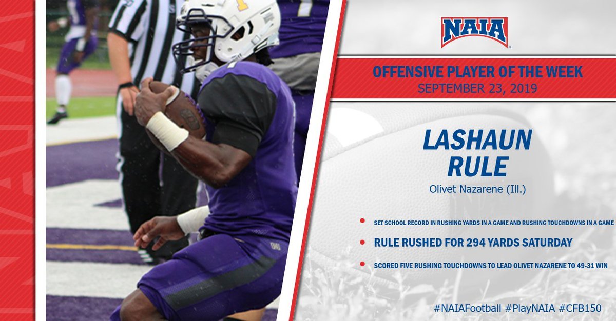 LaShaun Rule set TWO <a href="/ONUAthletics/">ONU Tigers</a> records on Saturday rushing 294 yards and scoring five touchdowns earning the #NAIAFootball Offensive Player of the Week! 

#NAIAPOTW #CFB150