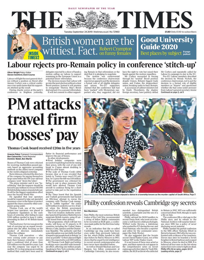 BBCNews's tweet photo. Tuesday's Times: "PM attacks travel firm bosses' pay" (via @AllieHBNews) #bbcpapers #TomorrowsPapersToday https://t.co/uFUzeLX4s2