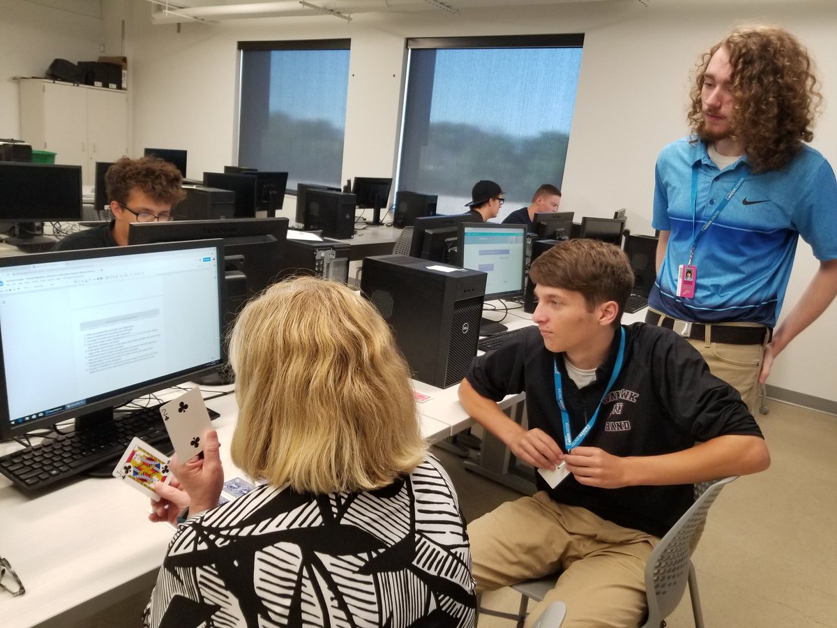 kkuhlers's tweet photo. No better test of machine language than the @WaterlooSchools Careers Center's own JKU! "I'm almost computer speed", as she is trying to locate the lowest card #APCSP #TestingAlgorithms @AmyMiehe @Jfro_KC5 #GreatDayLearning #IFoundIt https://t.co/EyG8sWOLLN