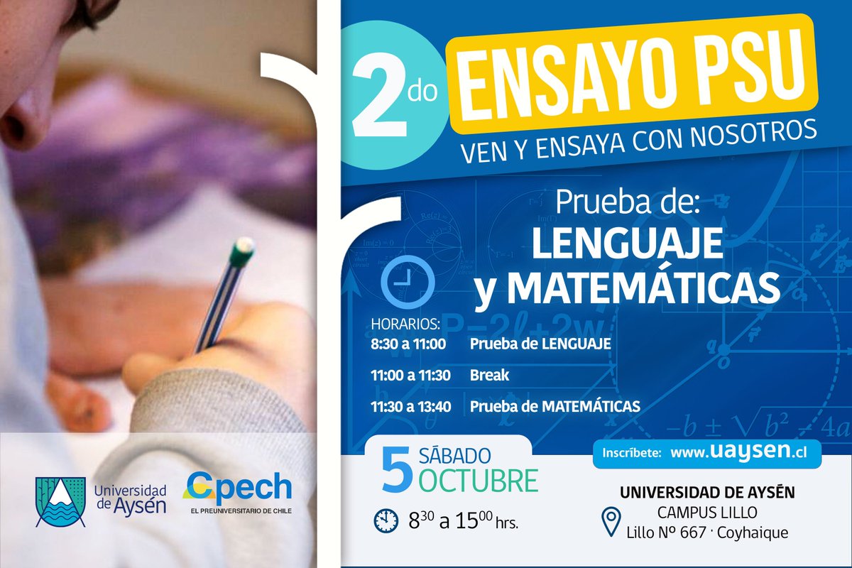 UdeAysen's tweet photo. [DIFUNDIR] Atención estudiante de 3º o 4º medio, inscríbete para el Ensayo #PSU #UAysén en alianza con #CEPECH que se realizará el sábado 5 de octubre en #CampusLillo

inscríbete en el siguiente enlace 👇👇👇

https://t.co/ZpevzPZJa1 https://t.co/fBZs3XAiWg