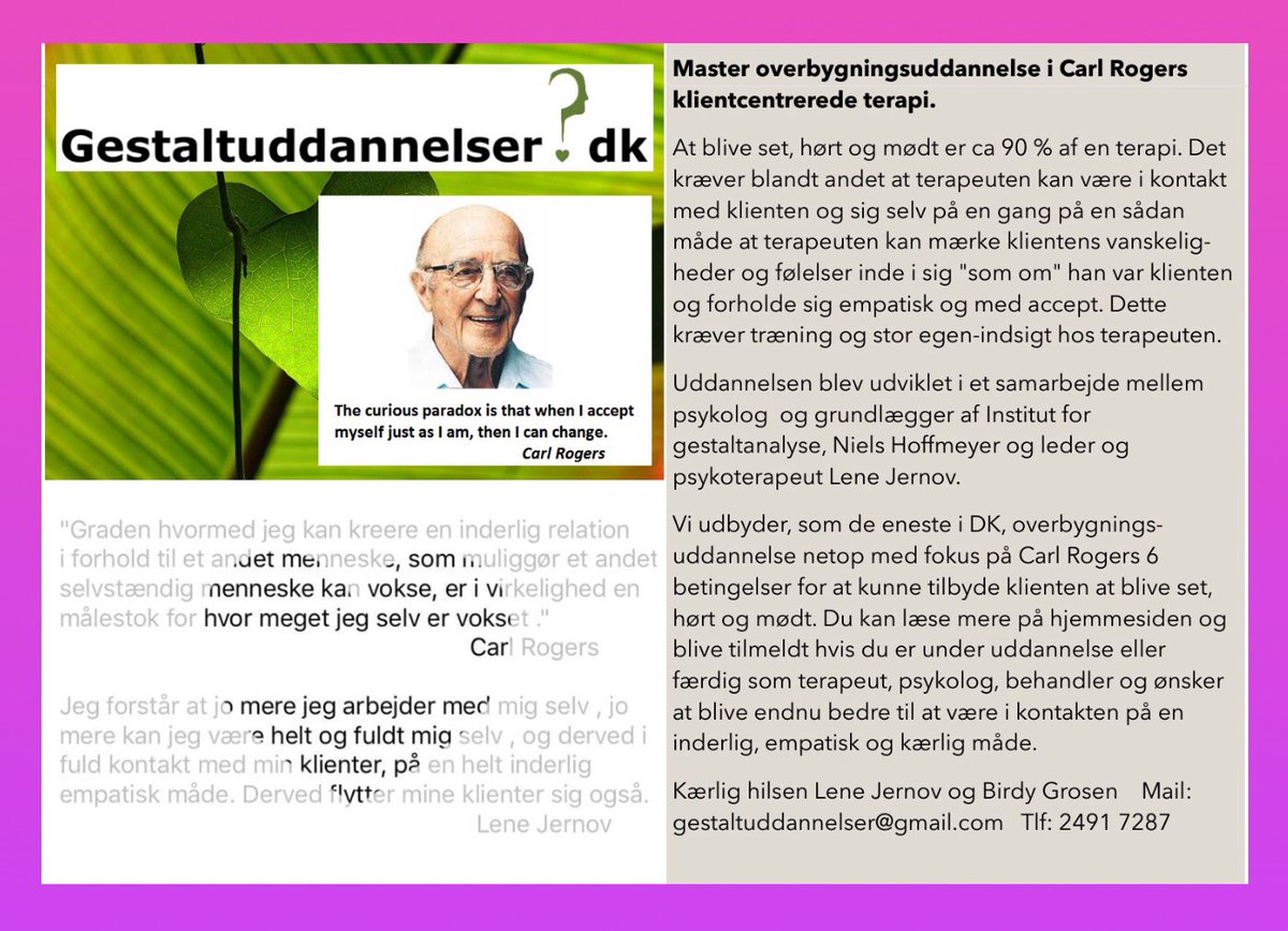 GestaltuddDK's tweet image. ❤️ Master overbygningsuddannelse i Carl Rogers klientcentrerede terapi Næste holdstart er 4. Marts 2020  Kun 8 pladser.  Se mere på gestaltuddannelser.dk #psykoterapeutuddannelse #gestaltterapi #silkeborg #lenejernov #birdygrosen #århus #horsens #jylland