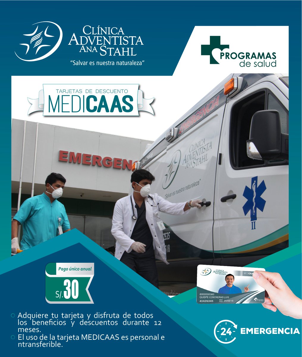ClinicaStahl's tweet photo. Adquiriendo la tarjeta MEDICAAS, tendrás precios especiales en:
EMERGENCIA
- Consulta Emergencia S/. 50.00
- Consulta emergencia pediátrica S/. 50.00
- Interconsultas con especialistas S/. 75.00
#MEDICAAS #EMERGENCIA https://t.co/jr5MEFIwT4