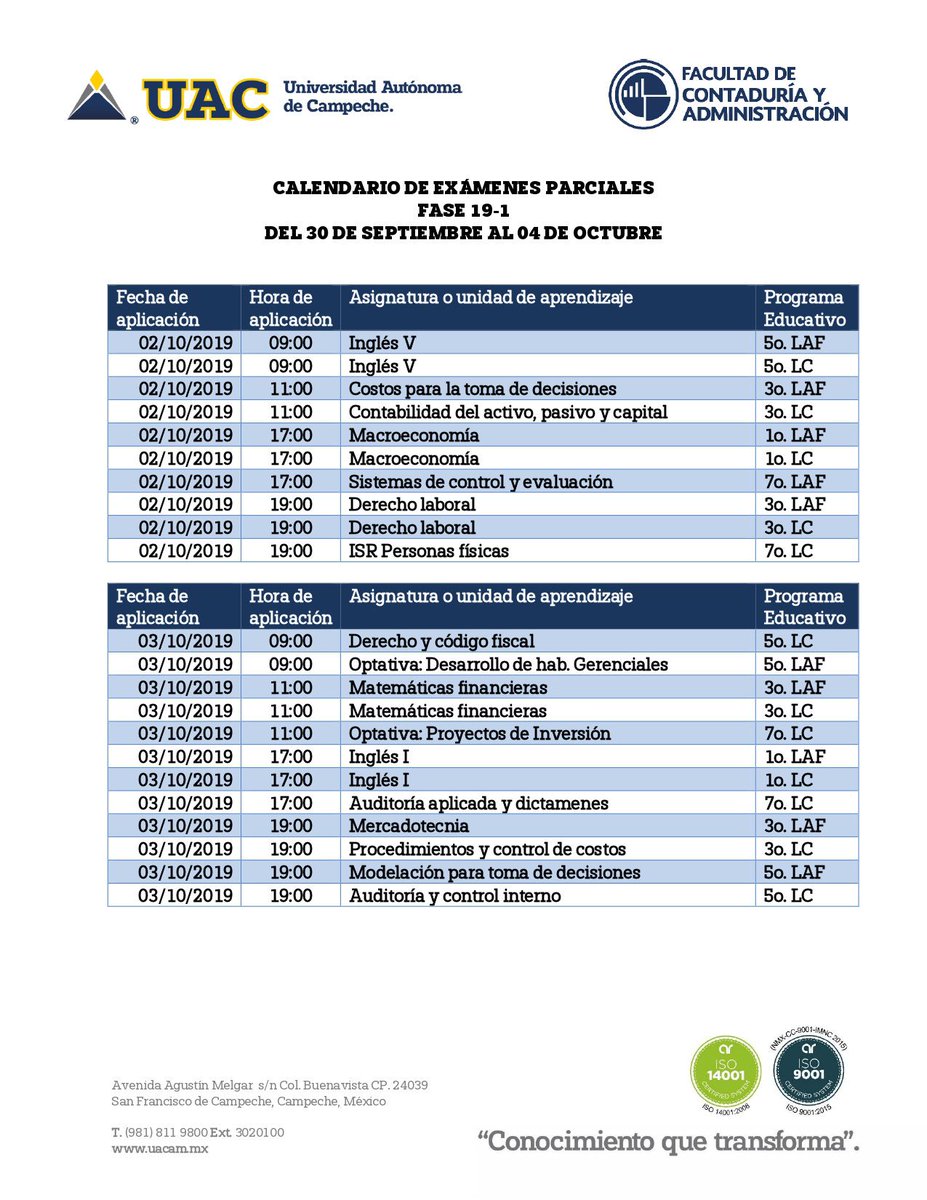 uacamfca's tweet photo. Estudiantes de las Licenciaturas en Contaduría y Administración y Finanzas: calendario próximos exámenes parciales del 30 de septiembre al 04 de octubre del 2019, ya disponible. Consulta el calendario oportunamente👇🏼 https://t.co/UaT57O8i0u