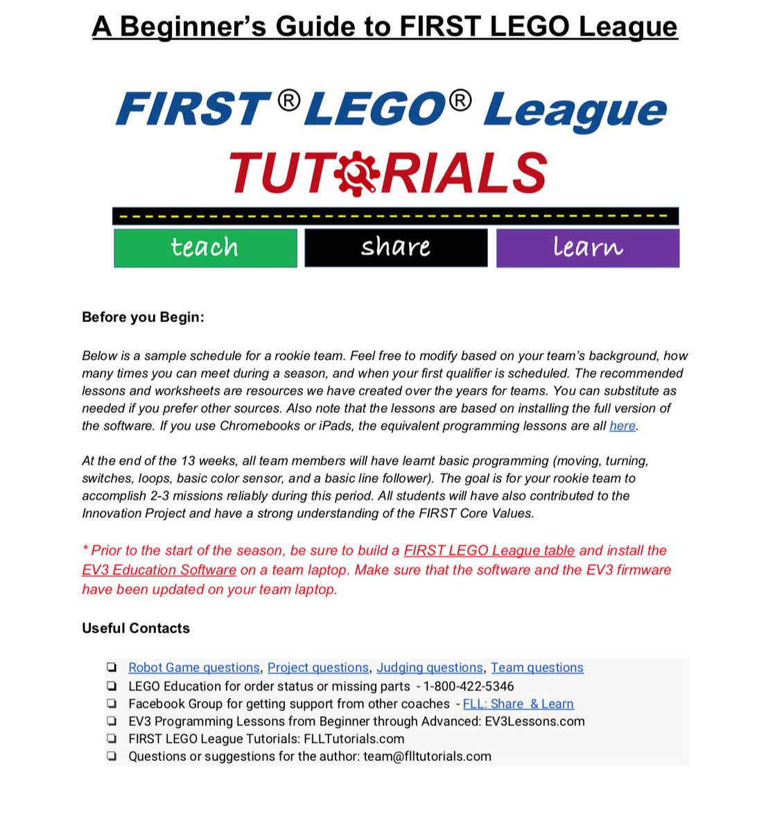 FllTutorials's tweet image. A Beginner's Guide to FIRST LEGO League offers a 13 week plan for your team. flltutorials.com/translations/e…