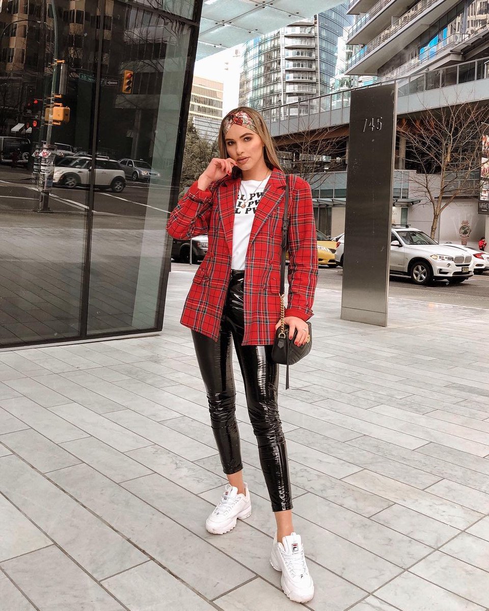 red vinyl pants outfit