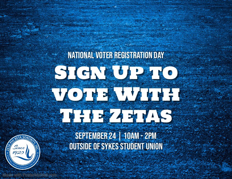 Tomorrow is National Voter Registration Day! Members of the Theta Lambda Chapter will be stationed at a table right outside of Sykes for you to sign up! If you want to see change on the local and national level it starts with your vote!! 10a-2p! See you there! 💙 #YourVoteMatters