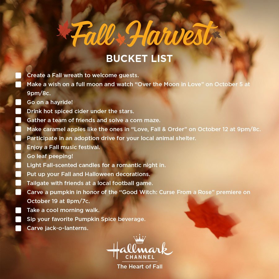 hallmarkchannel's tweet photo. Are you in the #FallHarvest spirit yet, #Hallmarkies? How many things do you have checked off your #FallHarvest Bucket List so far? https://t.co/3830ZBKit2