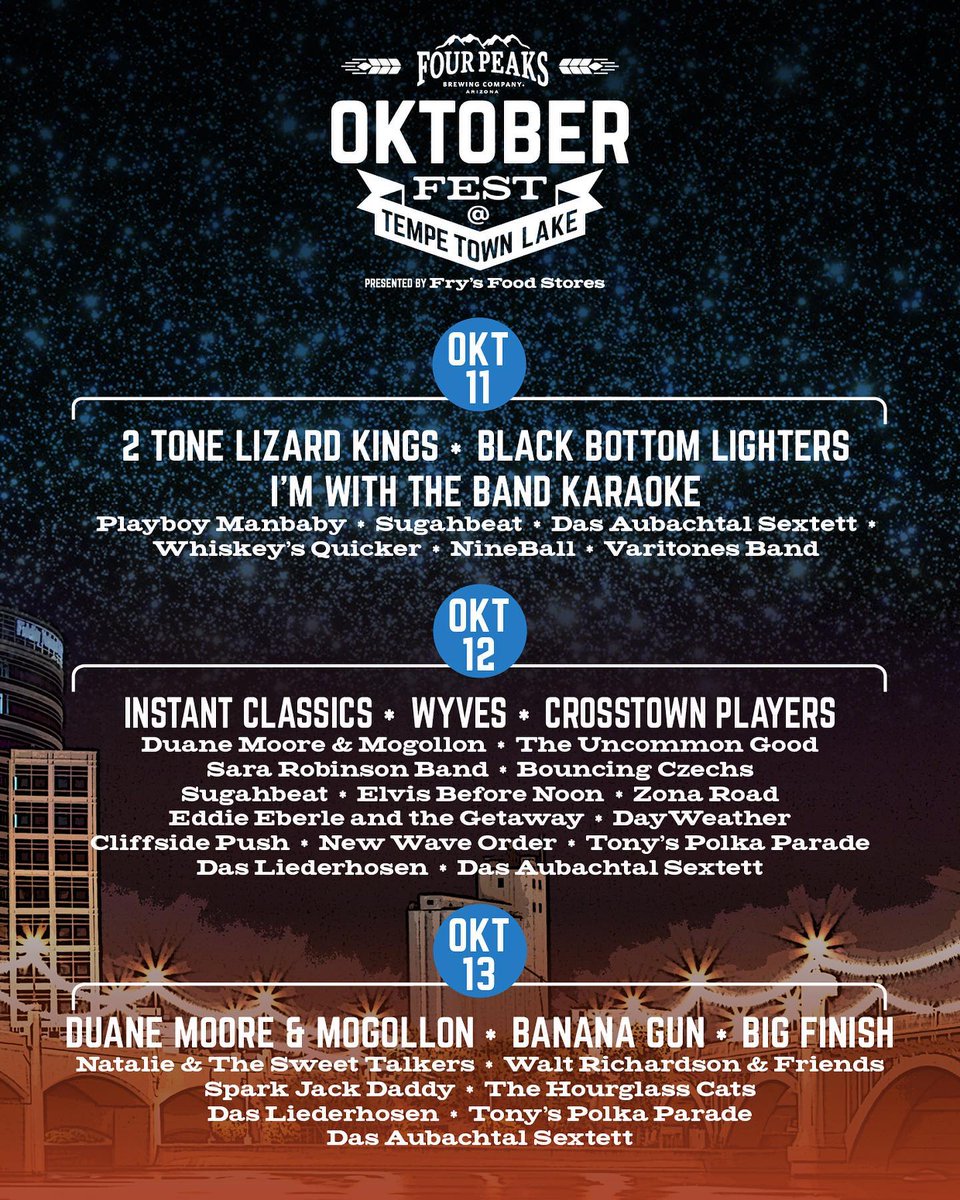 Getting stoked to be a part of <a href="/FourPeaksOkto/">Four Peaks Oktoberfest</a> w/ our friends <a href="/BananaGunBand/">Banana Gun</a> <a href="/BLKBTMLTRS/">BlackBottomLighters</a> <a href="/Wyves_Band/">Wyves</a> <a href="/2tlk/">2 Tone Lizard Kings</a> <a href="/PlayboyManbaby/">Playboy Manbaby</a> + more 
<a href="/fourpeaksbrew/">Four Peaks Brewing Co.</a>
#FREE #Oktoberfest #Oktoberfest2019