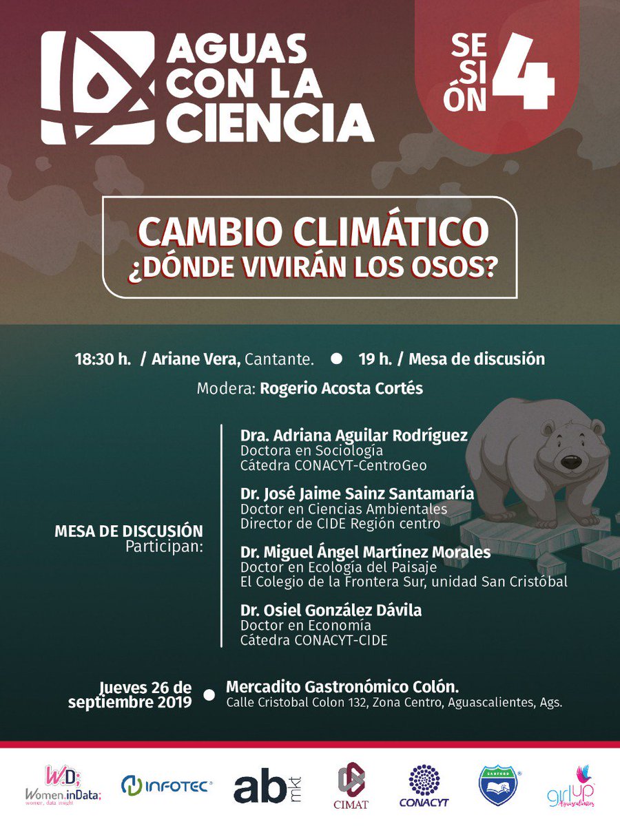 ID_infotec's tweet photo. Te invitamos a la 4ta sesión “Aguas con la Ciencia”, Cambio climático ¿Dónde vivirán los osos?, el 26 de septiembre en el mercadito gastronómico Colón en Ags, 18:30hrs. Evento organizado por la Dra. Magali Arellano. Más información en https://t.co/T5vizydL5B https://t.co/UgfRk6bT64