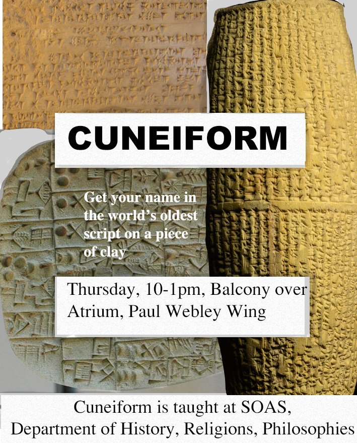 londoncentrene's tweet photo. If anyone fancies getting their hands covered in clay in London, we will be doing the cuneiform thing at SOAS, Thursday 10-1pm, Paul Webley Wing, balcony over the Atrium. https://t.co/pc6jNCVAQ1