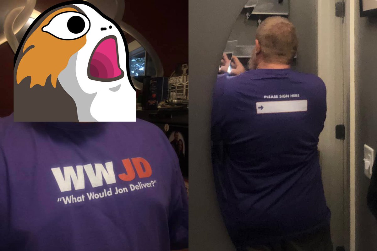 gnerble's tweet image. Lookit this! A shirt I designed being worn by someone! My mind is still blown. Praise #JonTheFedExGuy.

This is the Sign Here version of my WWJD shirt found here:

teespring.com/cult-of-jon-ww…

The "model" allowed me to post their picture. #CultOfJon #DragonCon