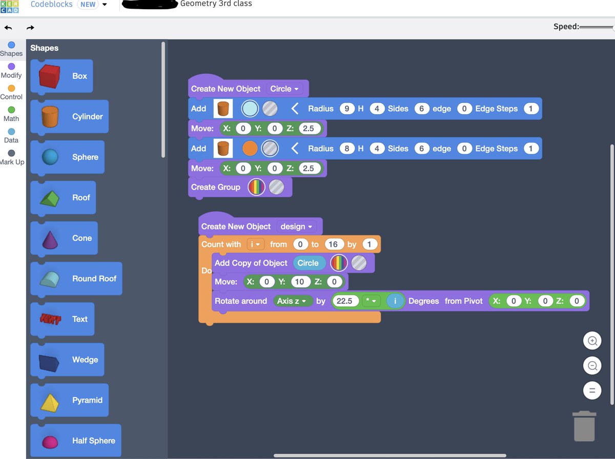 TechWithMrsW's tweet image. Mrs. Degnan's Geometry class and I worked in #TinkercadCodeblocks today to help the girls practice using angles & rotations. Check out this code for one of the girls' designs. I can't wait to show you the 3D printed final product! @StCatherinesRVA @tinkercad #girlswhocode