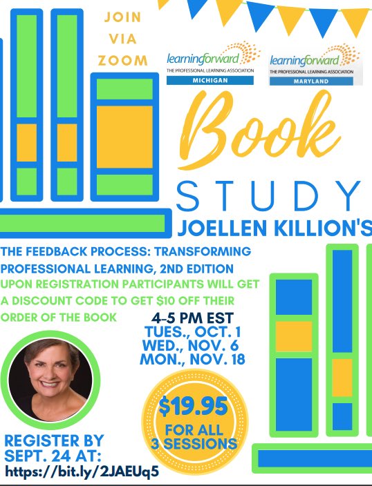 The Power of Feedback
Join <a href="/LearnForMI/">LearningForwardMI</a> <a href="/LFMaryland/">LF_Maryland</a>
Oct. 1 for a live webinar book study w/ <a href="/jpkillion/">Joellen Killion</a> 
💡Debunk common misconceptions of feedback
💡Distinguish bet. traditional feedback&amp;feedback for learning
💡Understand attributes&amp;conditions of feedback
cvent.com/d/06qwq7/4W