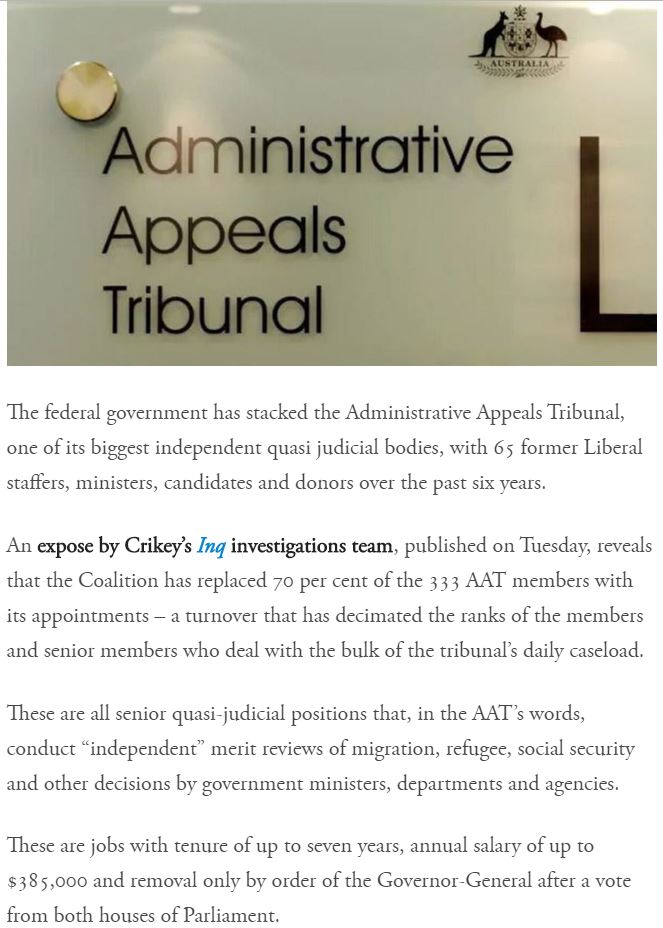 LyndaFrench19's tweet photo. Dirty Bastards
#StackingtheBoards 
for When you Appeal #Robodebt and #LNPCuts to #Welfare

Libs have stacked Administrative Appeals Tribunal, #AAT  with 65 former Liberal staffers, ministers, candidates and donors

https://t.co/0n767GANpZ

@markdreyfusQCMP @nswpol #wapol #qldpol https://t.co/zbrDpKrTcp