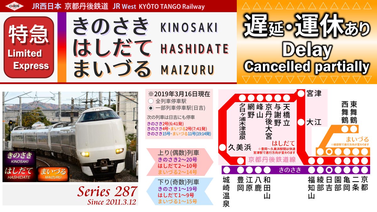 𝗖𝗛𝗜𝗘𝗥𝗜 関西𝞪 Sur Twitter 特急きのさき はしだて まいづる 10 00現在 遅延 運休あり 9 08頃 嵯峨野線 吉富 八木駅間で倒木のため 一部列車が遅れています きのさき号の一部列車が運休しています 全区間運休 きのさき10号 福知山 京都で