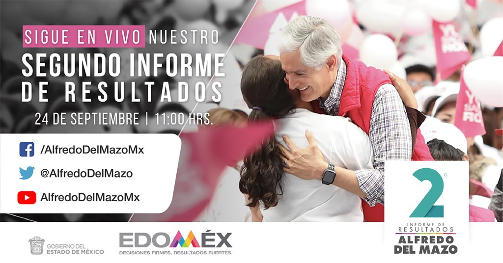 alfredodelmazo's tweet photo. Mañana rendiré mi 
#2doInformeEdoméx. Podrás verlo a partir de las 11:00 horas a través de mi cuenta de Twitter, página de Facebook y canal de YouTube. https://t.co/U74Kx5vnZC