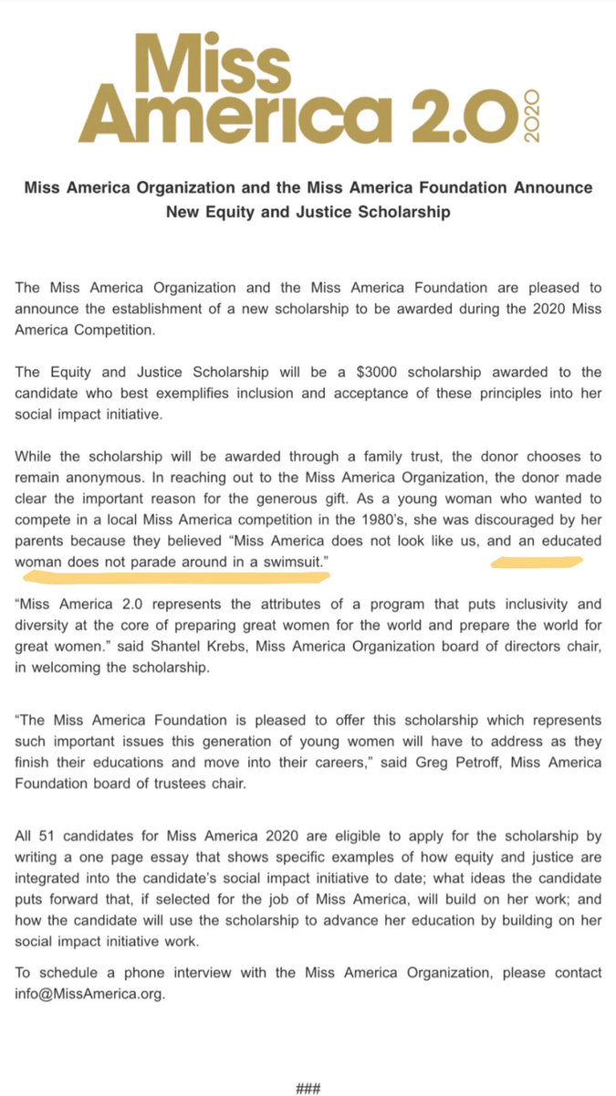 <a href="/MissAmerica/">Miss America</a> I’m disappointed in your choice to include this quote in your press release. It’s an unfair, classist, and sexist way to reinforce an otherwise beautiful scholarship. Though not your words, you chose to promote them and it’s disrespectful to every former participant.