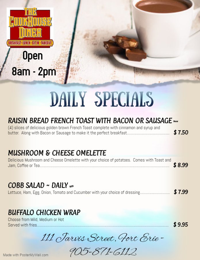 Tuesday Specials @ The Cookhouse Diner.  Open 8am - 2pm