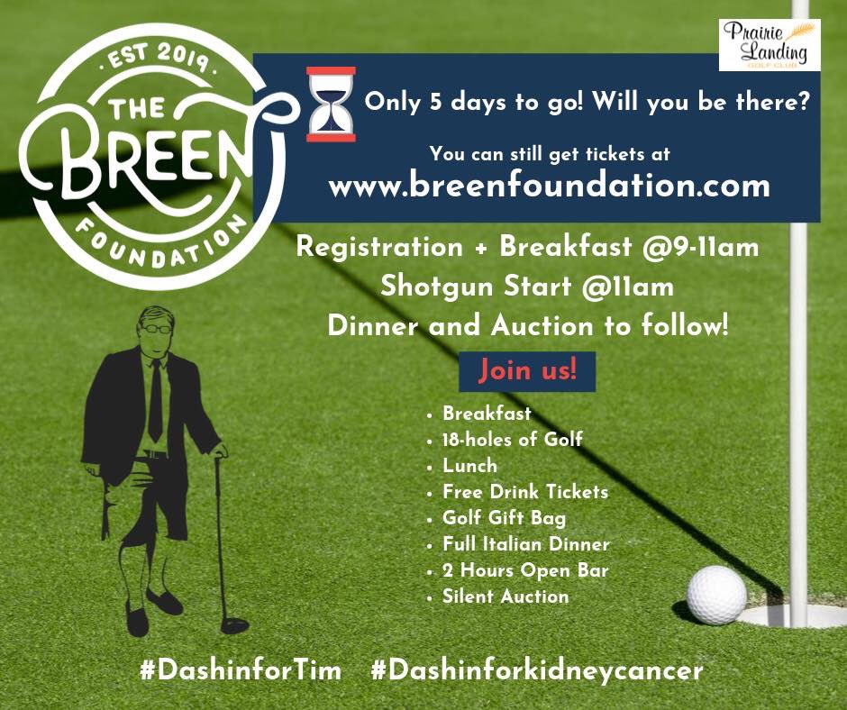 BreenFoundation's tweet photo. We are SO excited to “Par-Tee” at our first annual Breen Foundation Golf Scramble! Our event is this Saturday, at Prairie Landing Golf Course. You won’t want to miss the great time - but you definitely won’t want to miss helping out a great cause! #DashinforTim. https://t.co/8e7KNFkD45