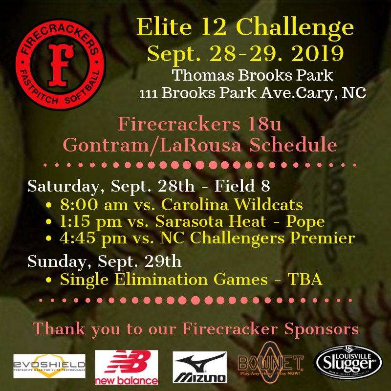 Here is our Schedule for this weekend in Cary,NC!  1st event of the Fall!  Looking forward to seeing this crew on dirt!  #firecrackersnation #playwithhonor <a href="/firecrackersnc/">Firecrackers NC</a>