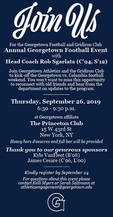 GU Hoyas Gridiron Club (@hoyasgc) on Twitter photo Look forward to seeing everyone in NYC this Thursday night in Midtown Manhattan at the Princeton Club. 
bit.ly/2kbSial Look forward to seeing everyone in NYC this Thursday night in Midtown Manhattan at the Princeton Club. 
bit.ly/2kbSial