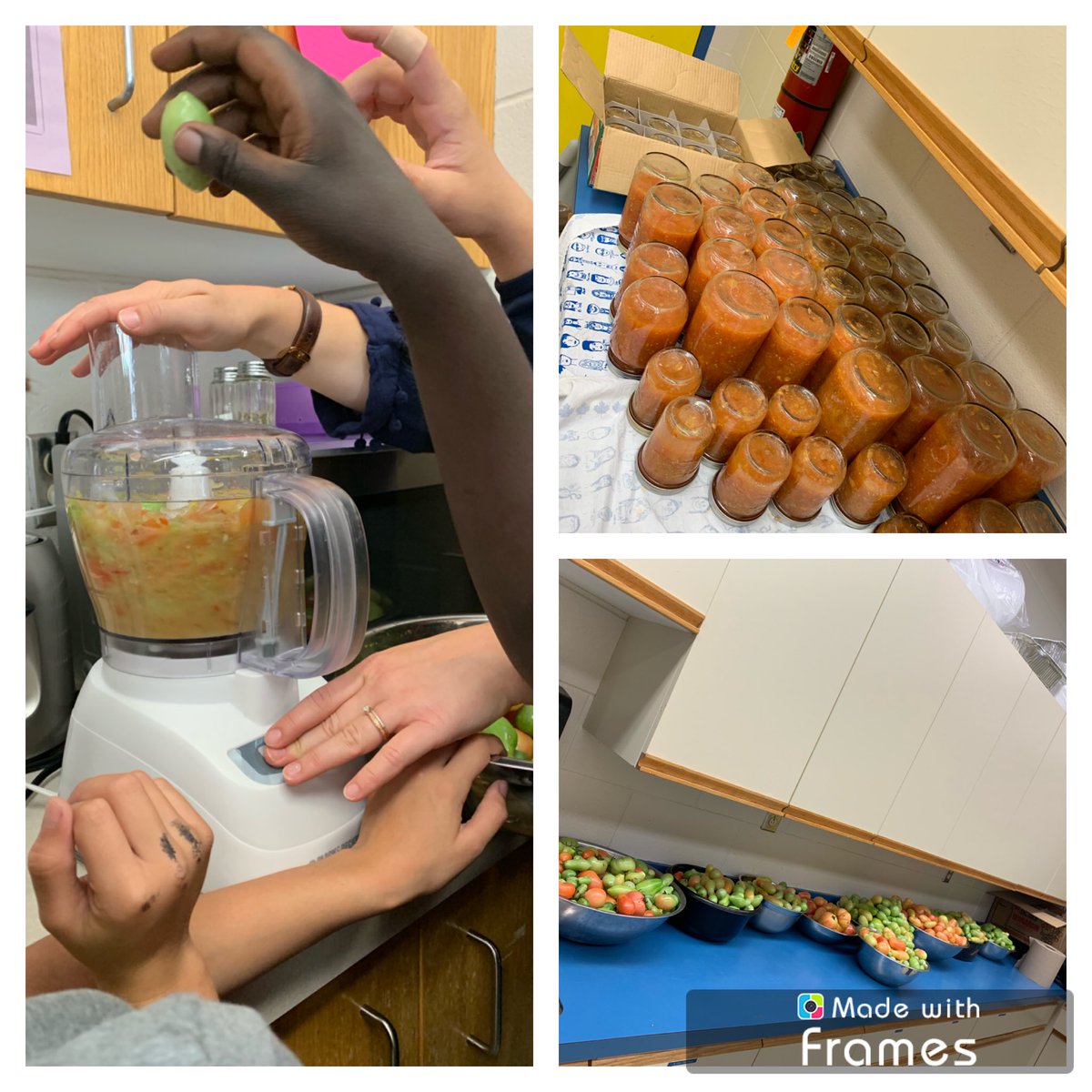 simoncin's tweet photo. CES garden club made over 60 jars of salsa from their garden tomatoes today!!! And there’s still lots left!!! @CElemSchool @N4LCanada #tomatooverload #studentslearningsustainability https://t.co/4KwJ27I9f7