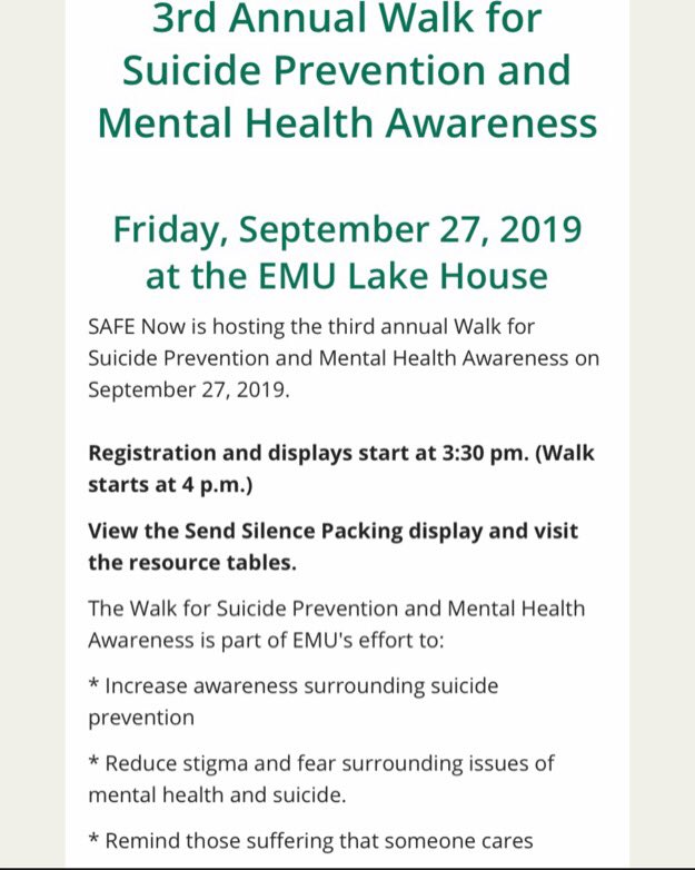 EMU_ActiveMinds's tweet image. Join us for our SAFE Now walk for Suicide Prevention and Mental Health Awareness this Friday!