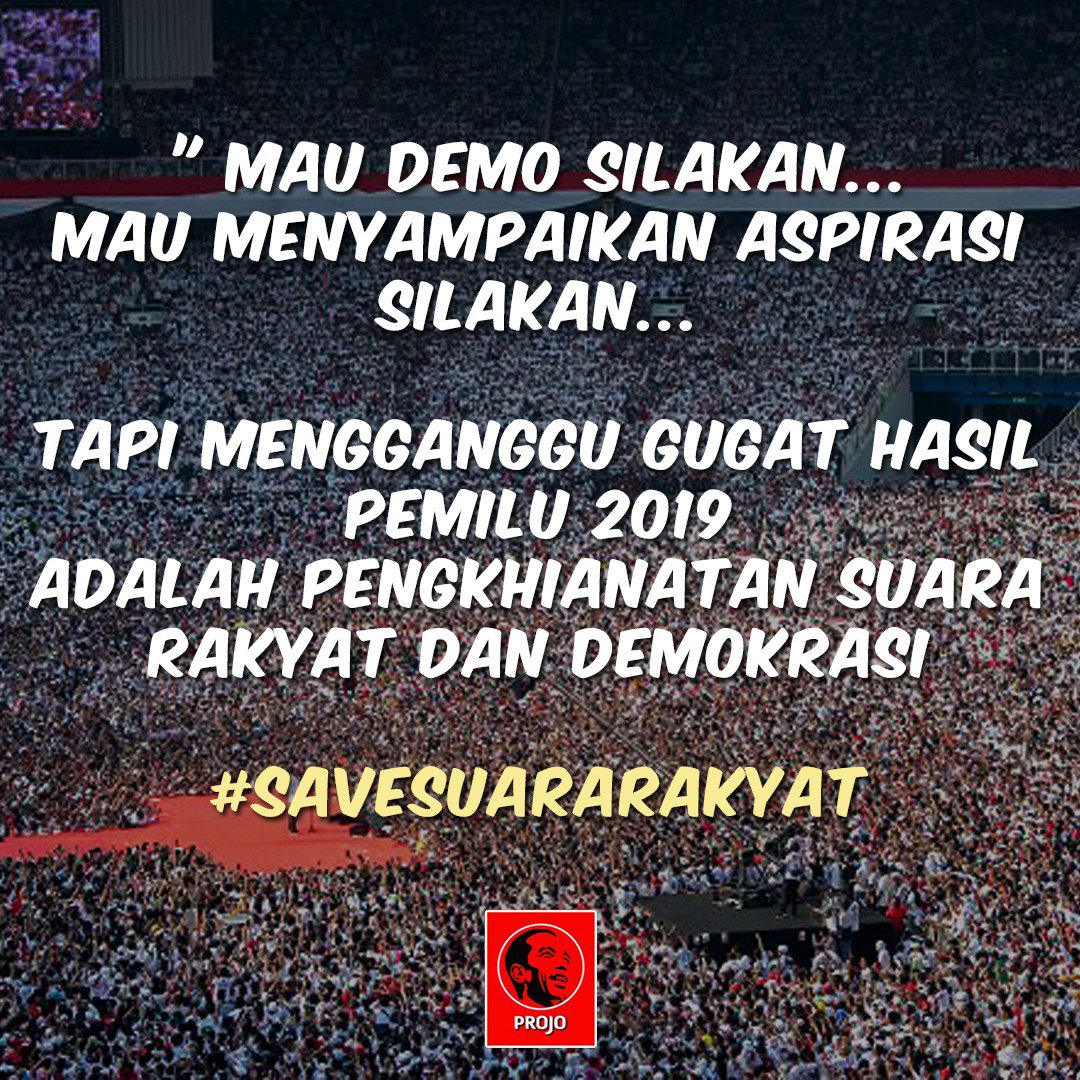 Jangan pernah demo untuk menurunkan dan menggagalkan pelantikan Jokowi.. Karena akan berhadapan langsung dengan rakyat yang memilih langsung Jokowi.. Apalagi jelas ini semua adalah kesalahan DPR yang tidak becus membuat UU.. 

#SayaBersamaJokowi 
#SaveSuaraRakyat
#Projo