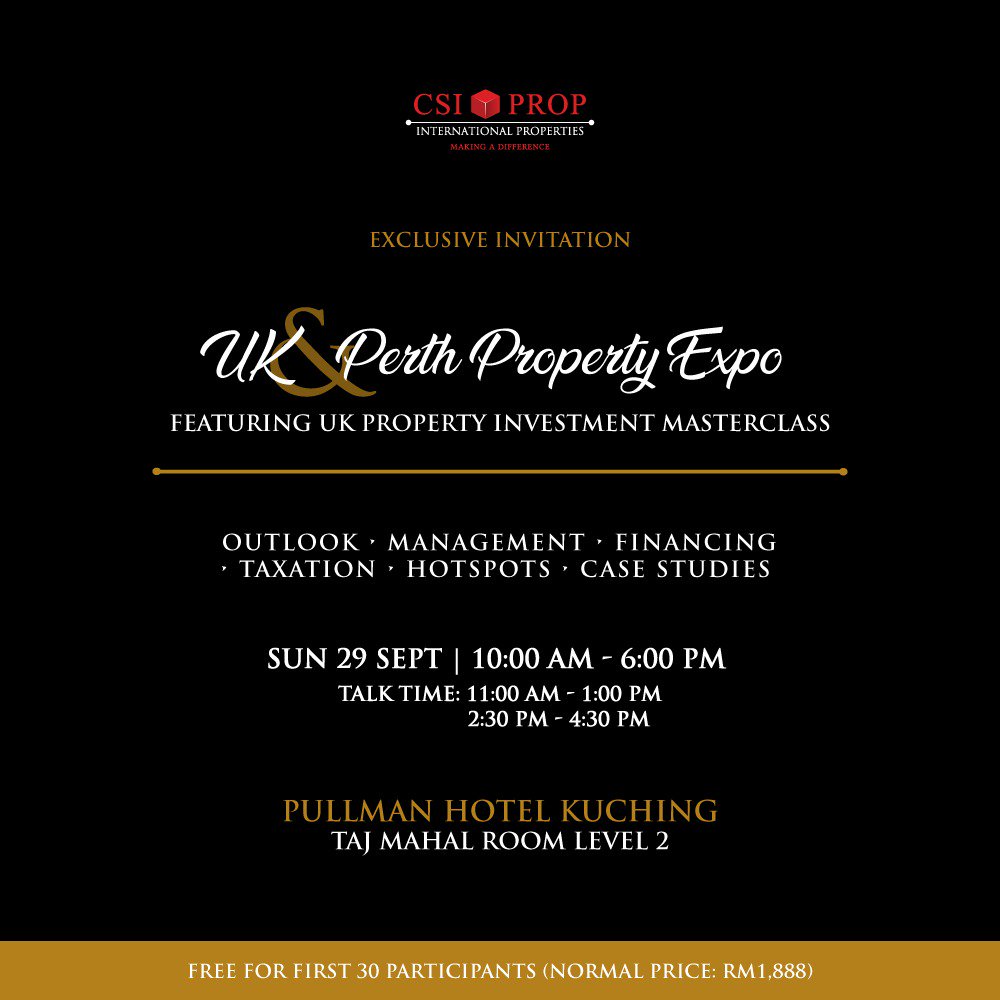 csiprop's tweet image. 📌 Coming to KK &amp;amp; Kuching this weekend, Sat 28 Sept &amp;amp; Sun 29 Sept from 10am - 6pm. 

Join us at our UK Property Investment Masterclass &amp;amp; Find Out about Investing in UK Property. Talk Time: 11am &amp;amp; 2.30pm

Call 016-228 8691 for details.

#CSIProp #ukproperty #propertyexpo