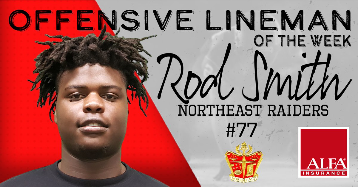 It's always a great day when we get to recognize a <a href="/RisingSeniors/">RisingSeniors Foundation</a> legend. Congrats to <a href="/Bigrodsmith77/">Roderick</a> of  <a href="/Northeast_FB/">Northeast Raiders FB</a> football for being named the Alfa Insurance: Offensive Lineman of the Week. #eastsideoutloud #raiderpride