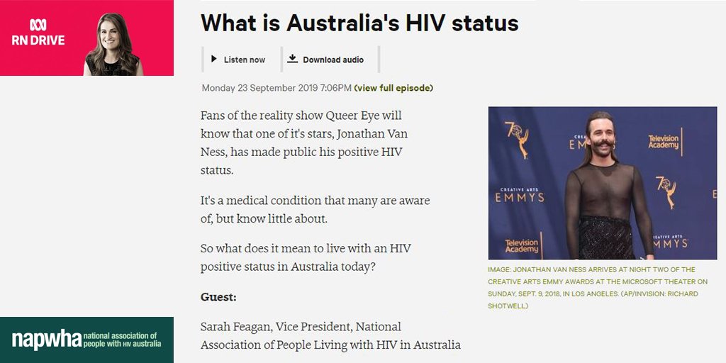 napwha's tweet photo. LISTEN UP: As @QueerEye legend Jonathan Van Ness makes public his HIV status in the hope it will promote awareness @PatsKarvelas interviews @napwha's Sarah Feagan on the state of Australia's HIV status
#UequalsU #EndHIVStigma #LetWomenSpeak

https://t.co/smtgBMhmXg @RadioNational https://t.co/GUU9HeqlrN