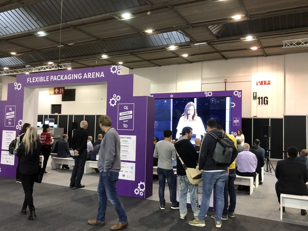Packed first session! Check out the lovely Angel at the flexible packaging arena! Presentations and demos Tuesday-Thursday at 11, 1, and 3 and Friday at 11 and 1