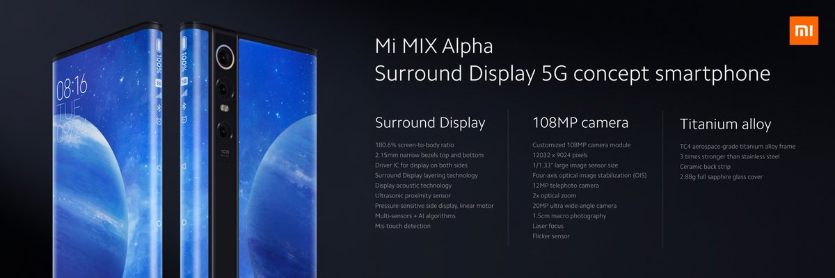 Xiaomi's tweet image. One more thing in the launch event. Introducing #MiMIXAlpha, 4D surrounding curved display, delivering a true, bezel-less experience. With groundbreaking innovations, Xiaomi’s mission is to make a truly disruptive product. Check this out if you missed the live stream.