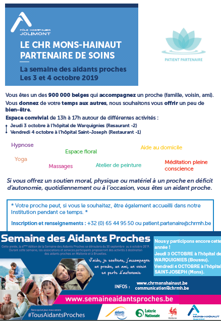 appsbyinterreg's tweet photo. Vous êtes une des nombreuses personnes qui accompagnez un proche dans ses soins ?
Alors laissez le CHR Mons-Hainaut vous offrir un peu de bien-être !
Rendez-vous les 3 et 4 octobre !
#tousaidantsproches https://t.co/IgubcZM7Bt